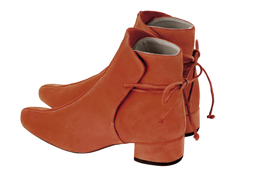 Women's orange back lace-up ankle boots with round toe and low block heel - Rear view